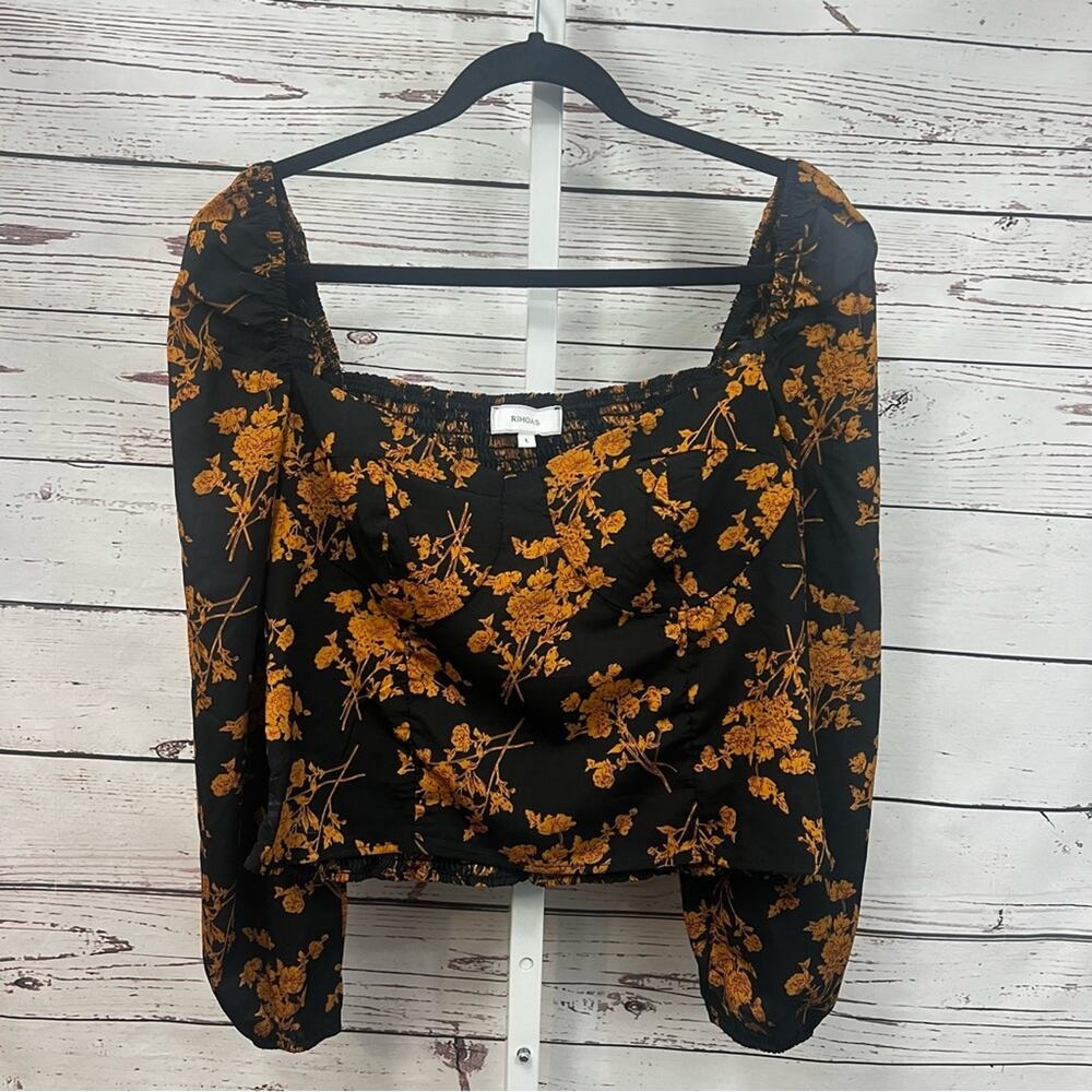 RIHOAS Black and Gold Orange Long Sleeve Cropped Floral Blouse Top Large